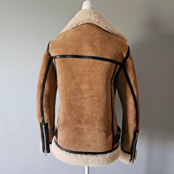 AllSaints Rei Shearling Suede Leather Moto Jacket Size Small in Sand Brown/Ecru - Picture 2 of 11